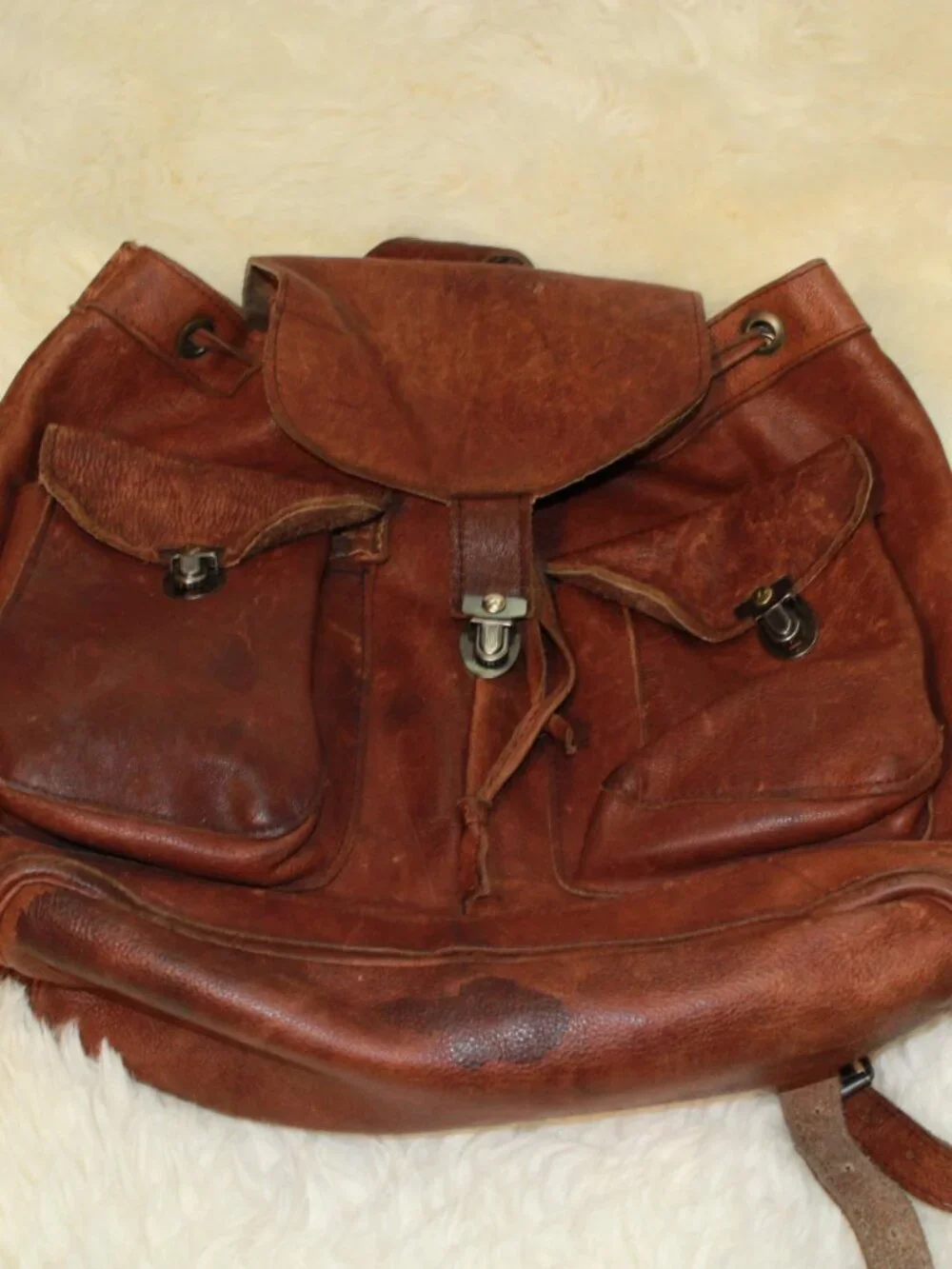 Vintage Brown Smooth Leather Drawstring Flap Close Unlined Rucksack Backpack